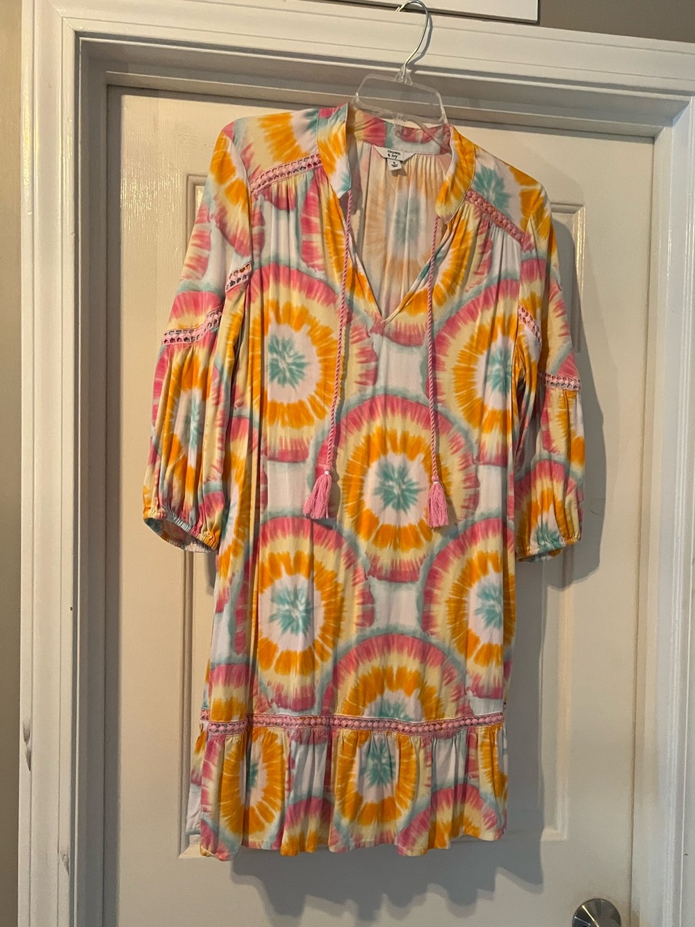 crown & ivy Pink, Yellow and Teal Tie-Dye Tunic  Dress with Tassel Neck
